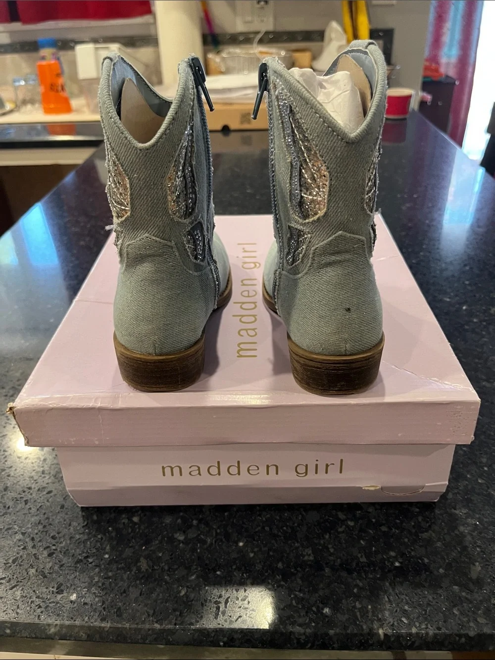 Madden Girl Light Blue Denim Kids Western Boots with Glitter Trim